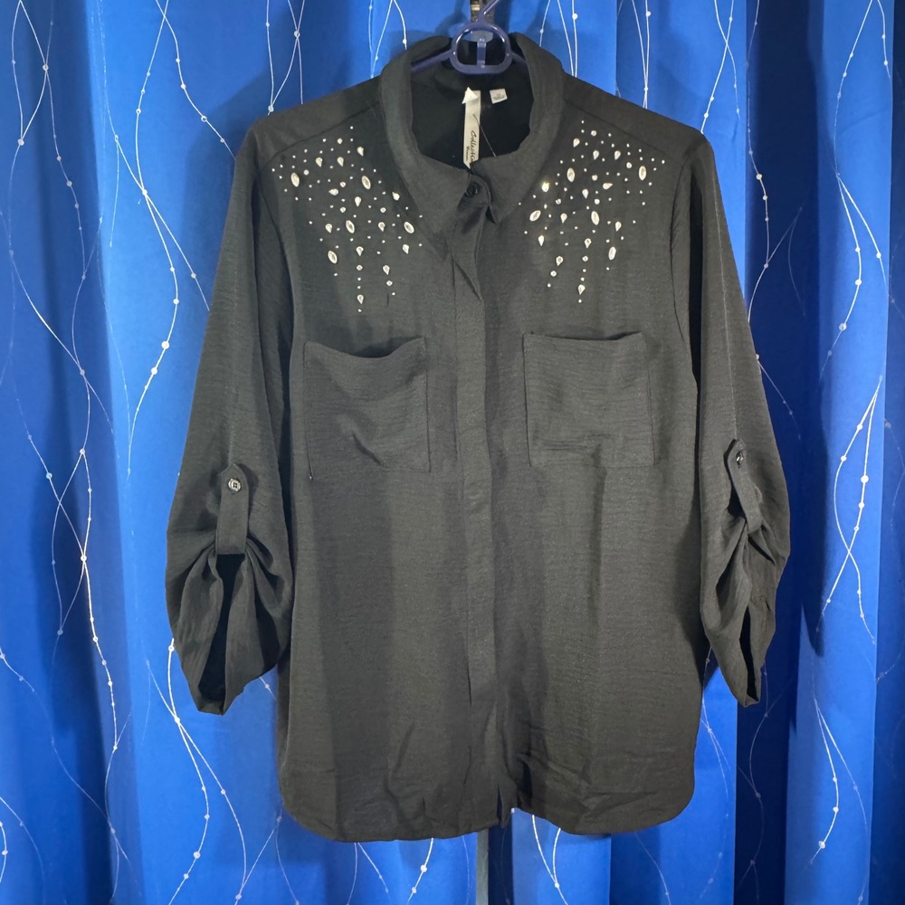 NY Collection Women 1X Black Rhinestone Embellished Long Sleeve blouse Shirt Top